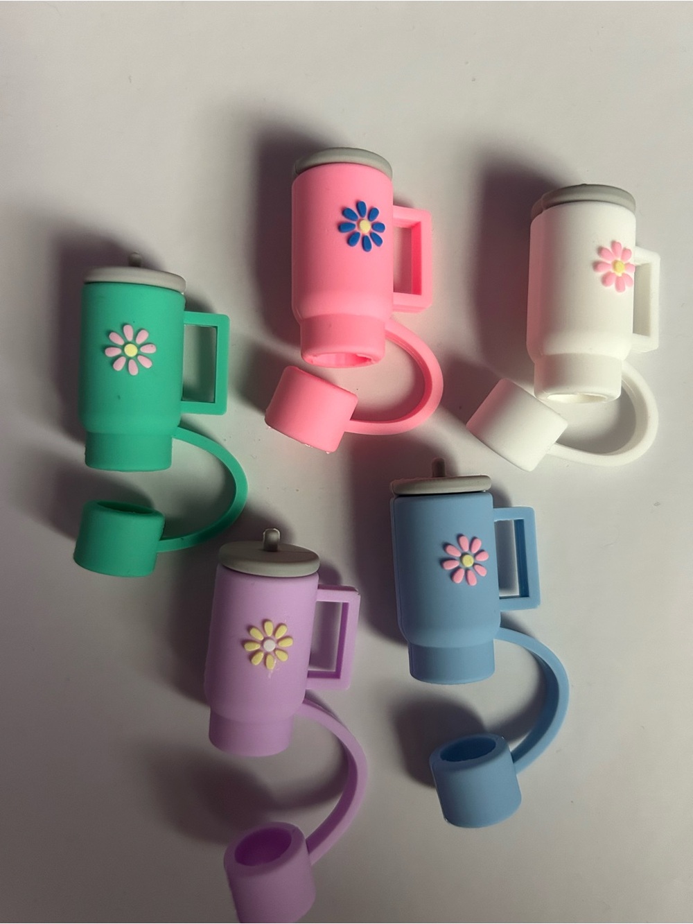 Set of 5 Stanley Travel Mug Silicone Straw Toppers - Pink Purple Green White